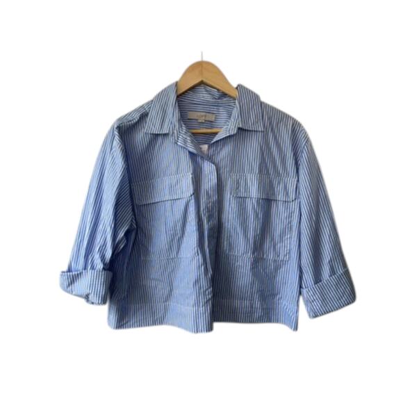 Ann Taylor LOFT Blue & White Stripe Long Sleeve Button Up Shirt Pockets M New - Picture 1 of 5